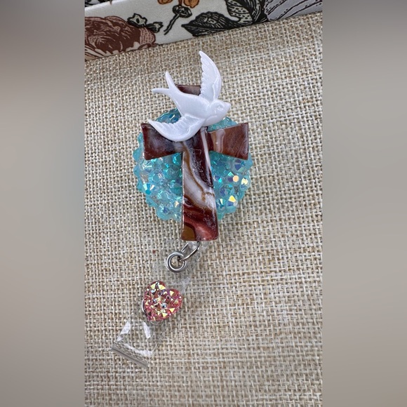 Teal Glitter Cross Badge Reel with White Dove Accent - Picture 2 of 2